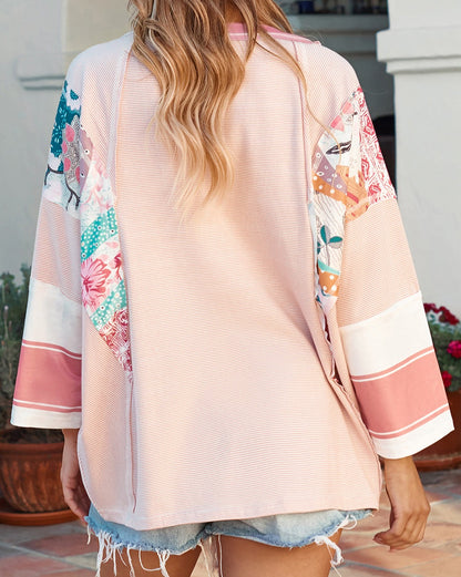 Floral Stripe Colorblock 3/4 Sleeve Oversized