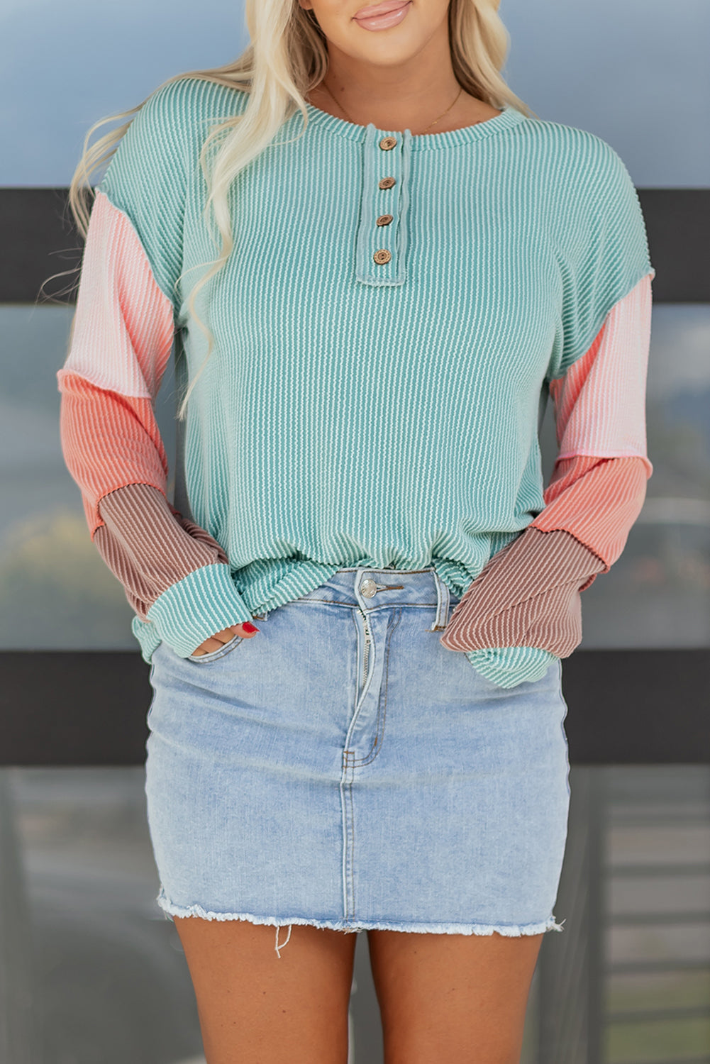 Colorblock Corded Knit Long Sleeve Henley Top