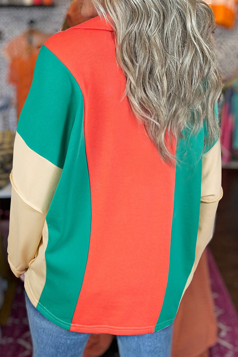 Colorblock Patchwork Collared V-Neck Top