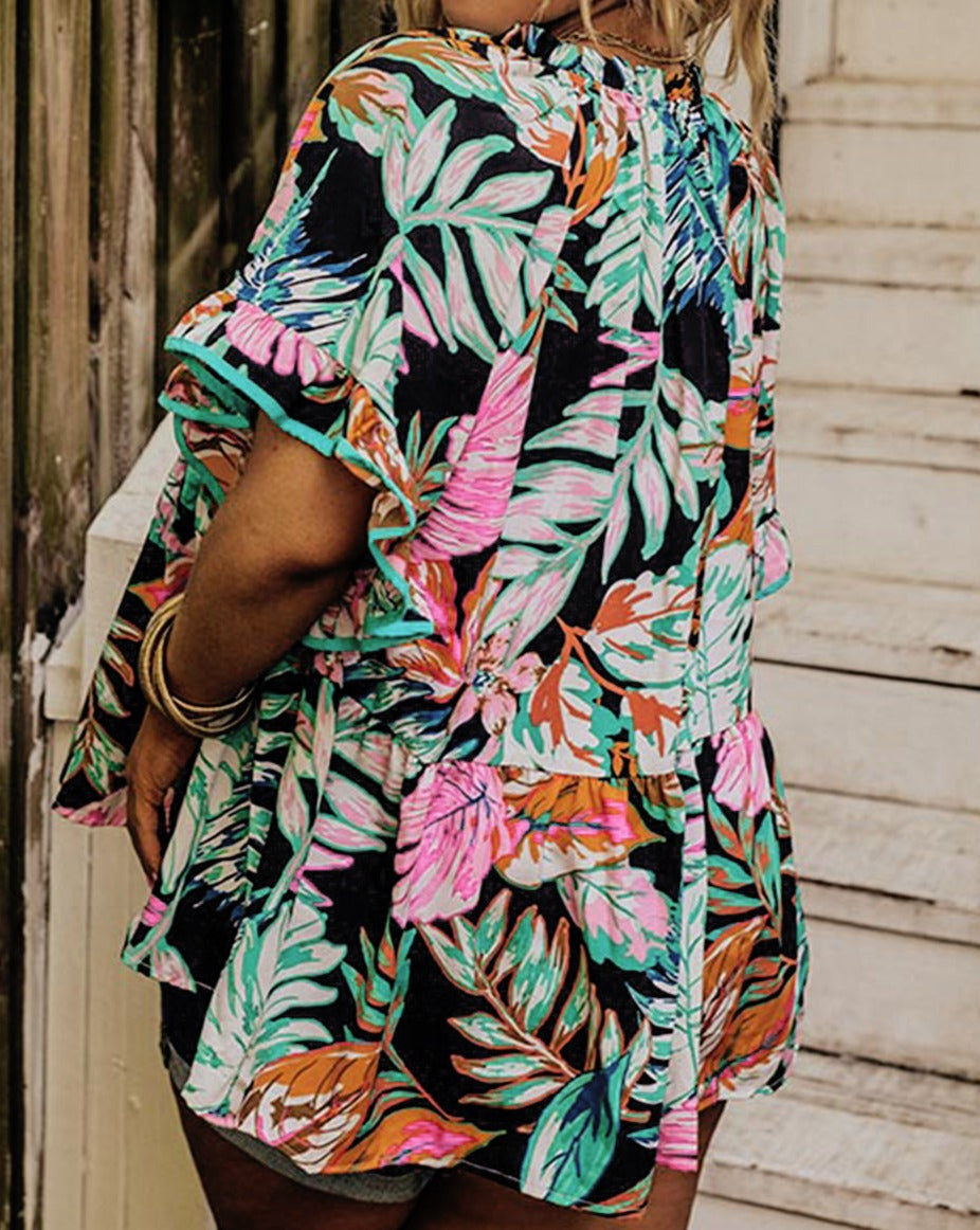 Tropical Ruffle Sleeve Blouse Plus Size