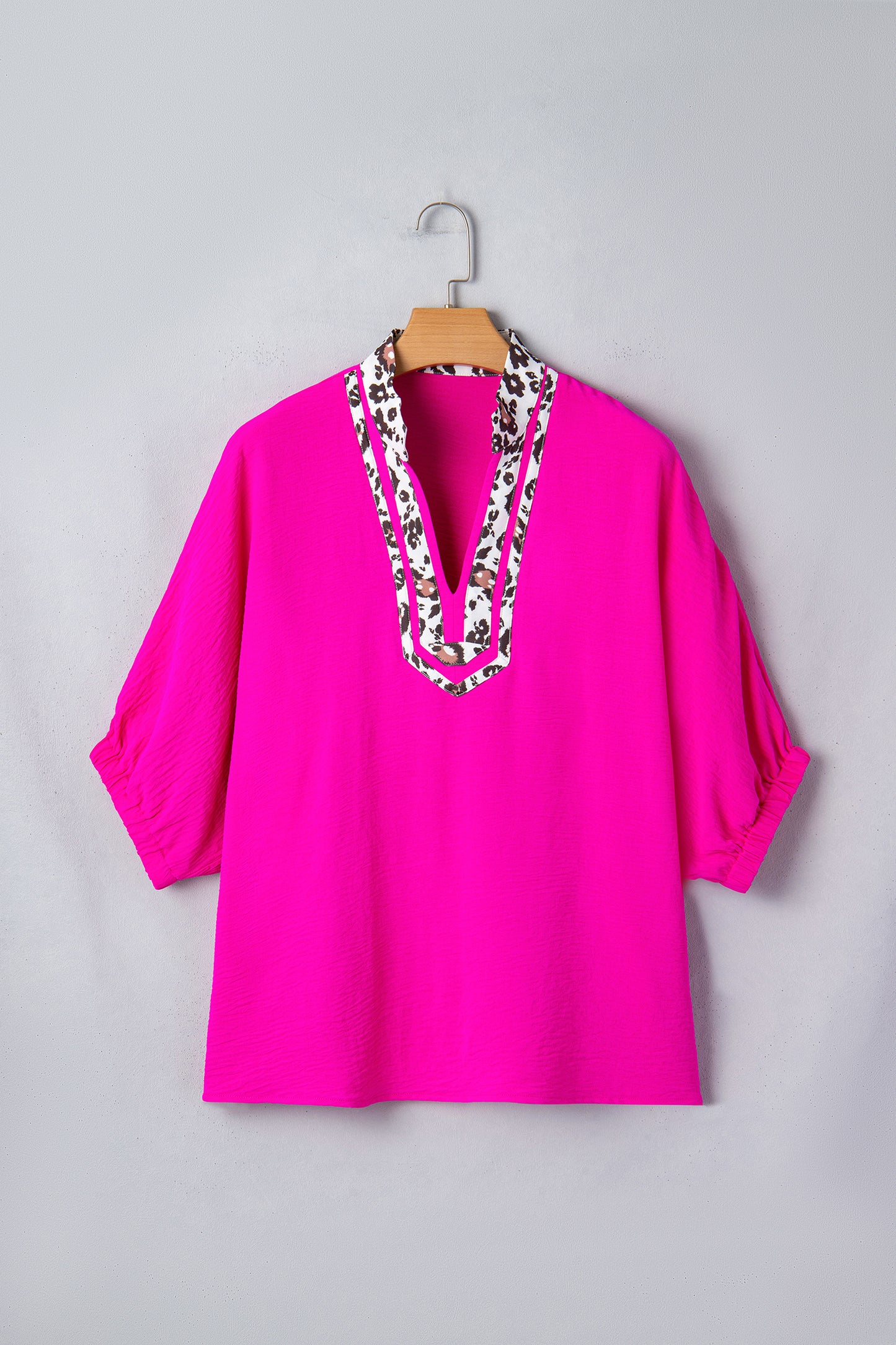 Leopard Patchwork Dolman Sleeve V-Neck Blouse