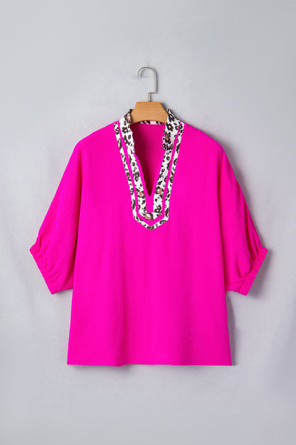 Leopard Patchwork Dolman Sleeve V-Neck Blouse