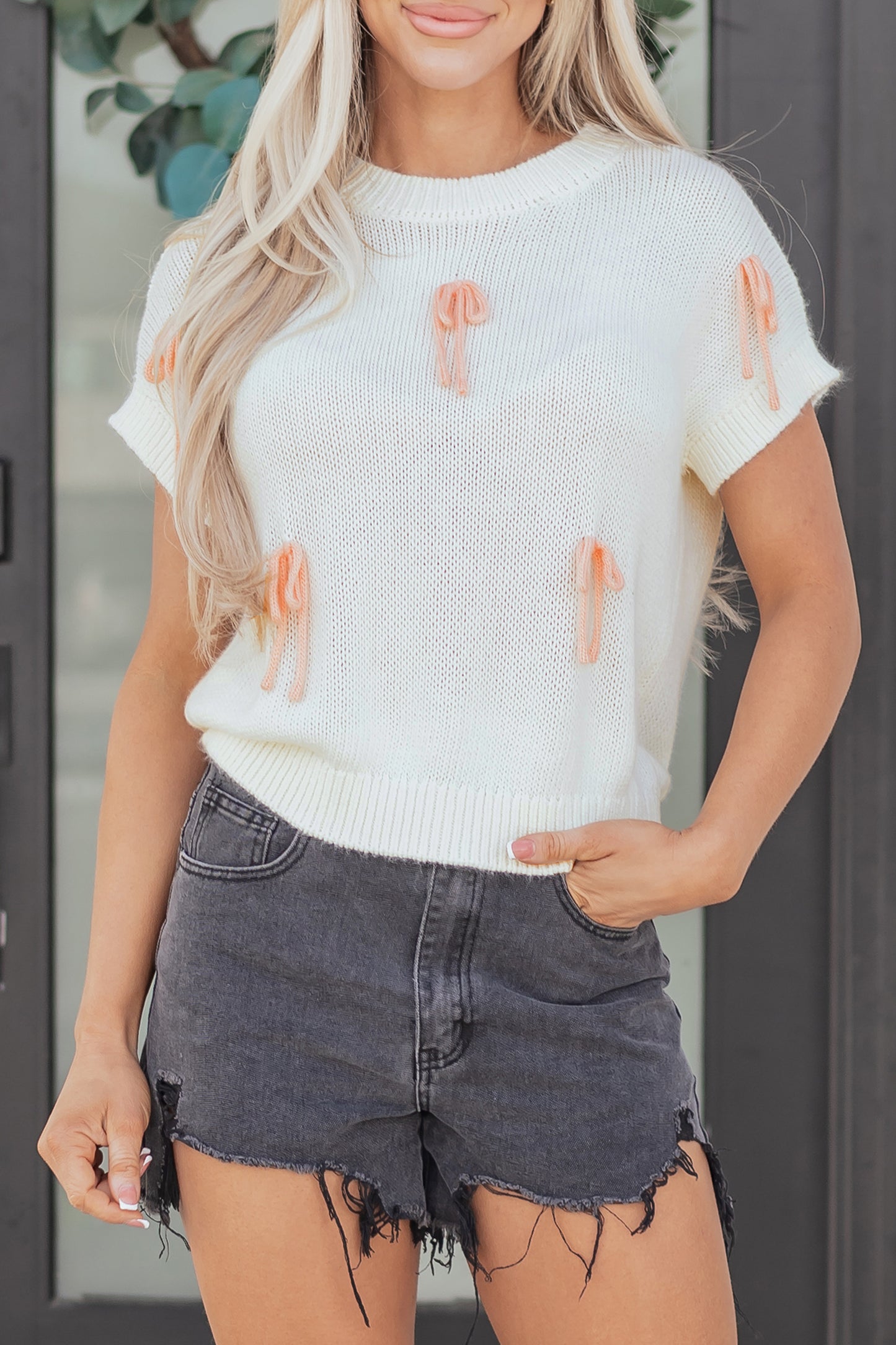 Contrast Bow Tie Short Sleeve Knit Sweater