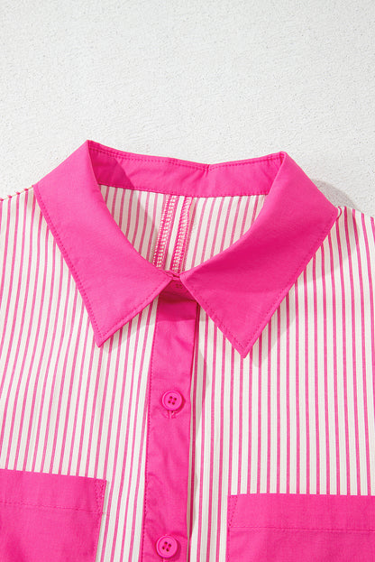 Stripe Patchwork Chest Pocket Mini Shirt Dress