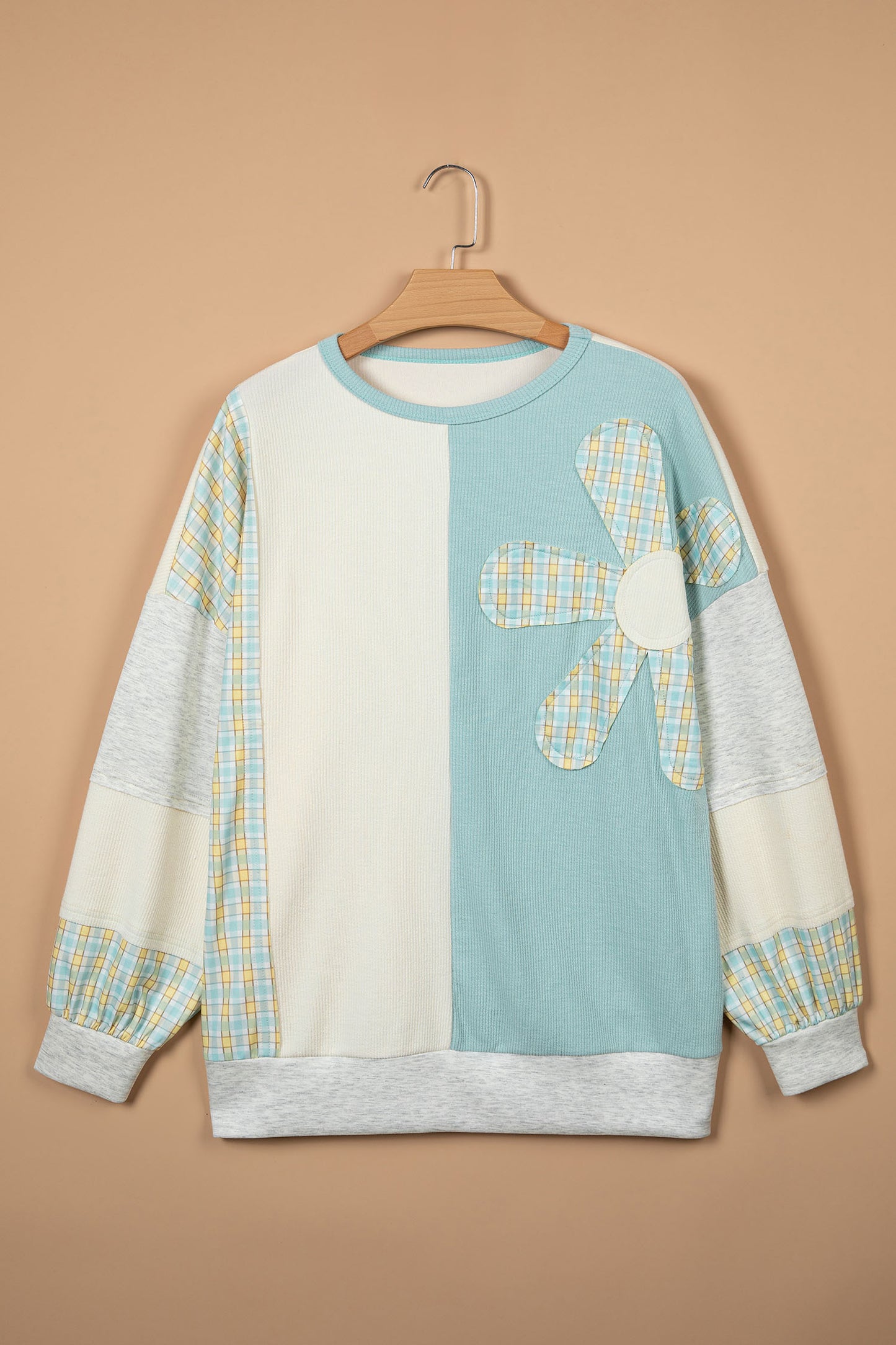 Plaid Patchwork Flower Round Neck Long Sleeve Top