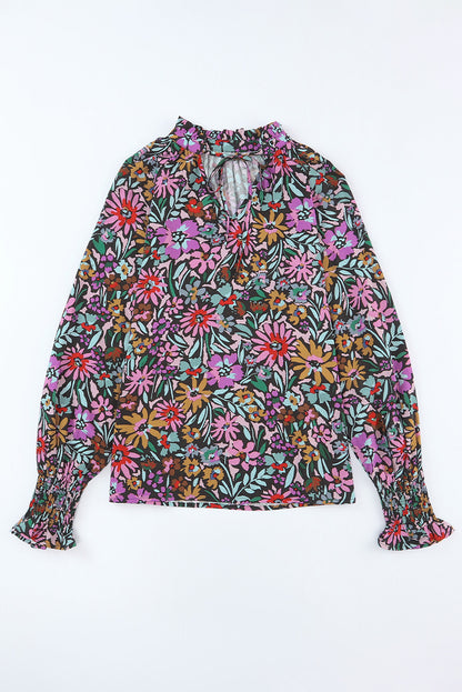 Floral Frilled Long Sleeve V-Neck Blouse