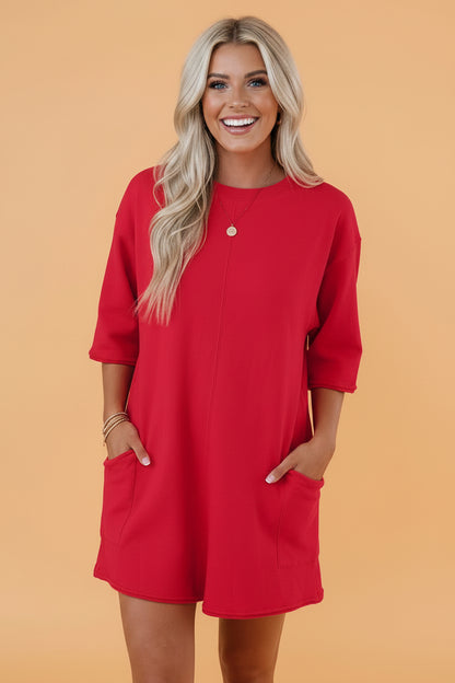 Solid Raw Edge 3/4 Sleeve Pocketed Loose Romper