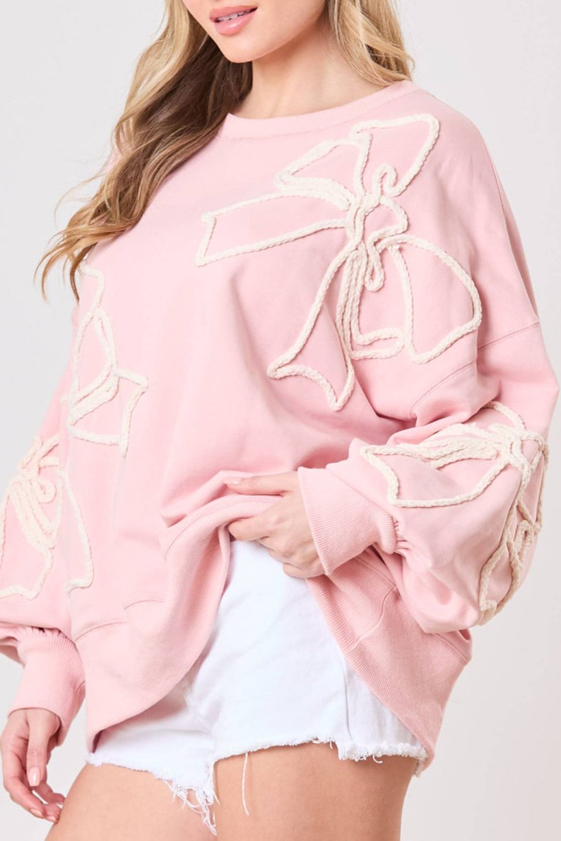 Bow Embroidered Ribbed Trim Sweatshirt