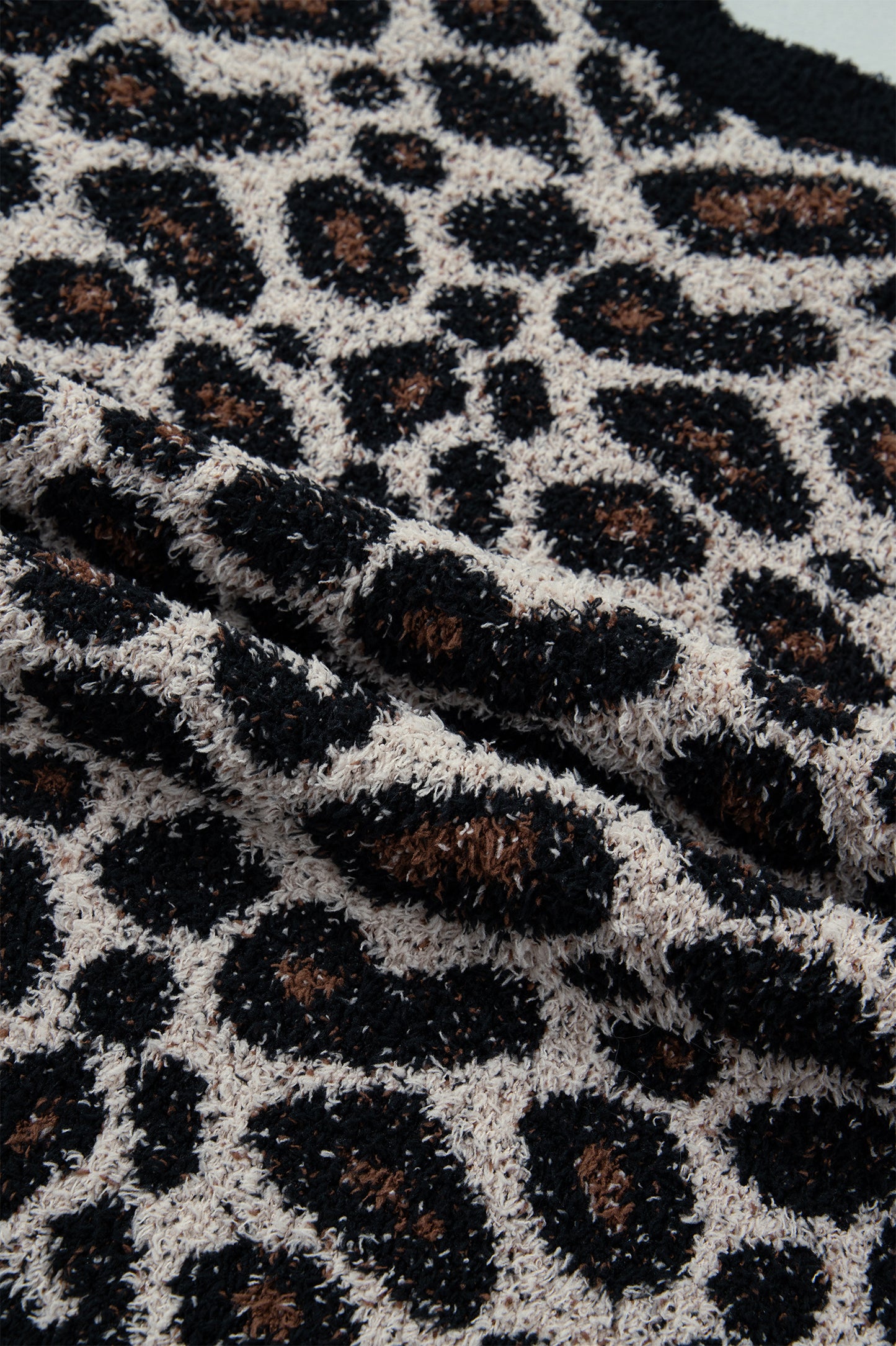 Leopard Star Patchwork Round Neck Fuzzy Sweater