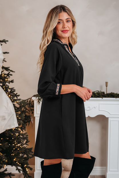 Contrast Trim V-Neck 3/4 Sleeve Mini Dress