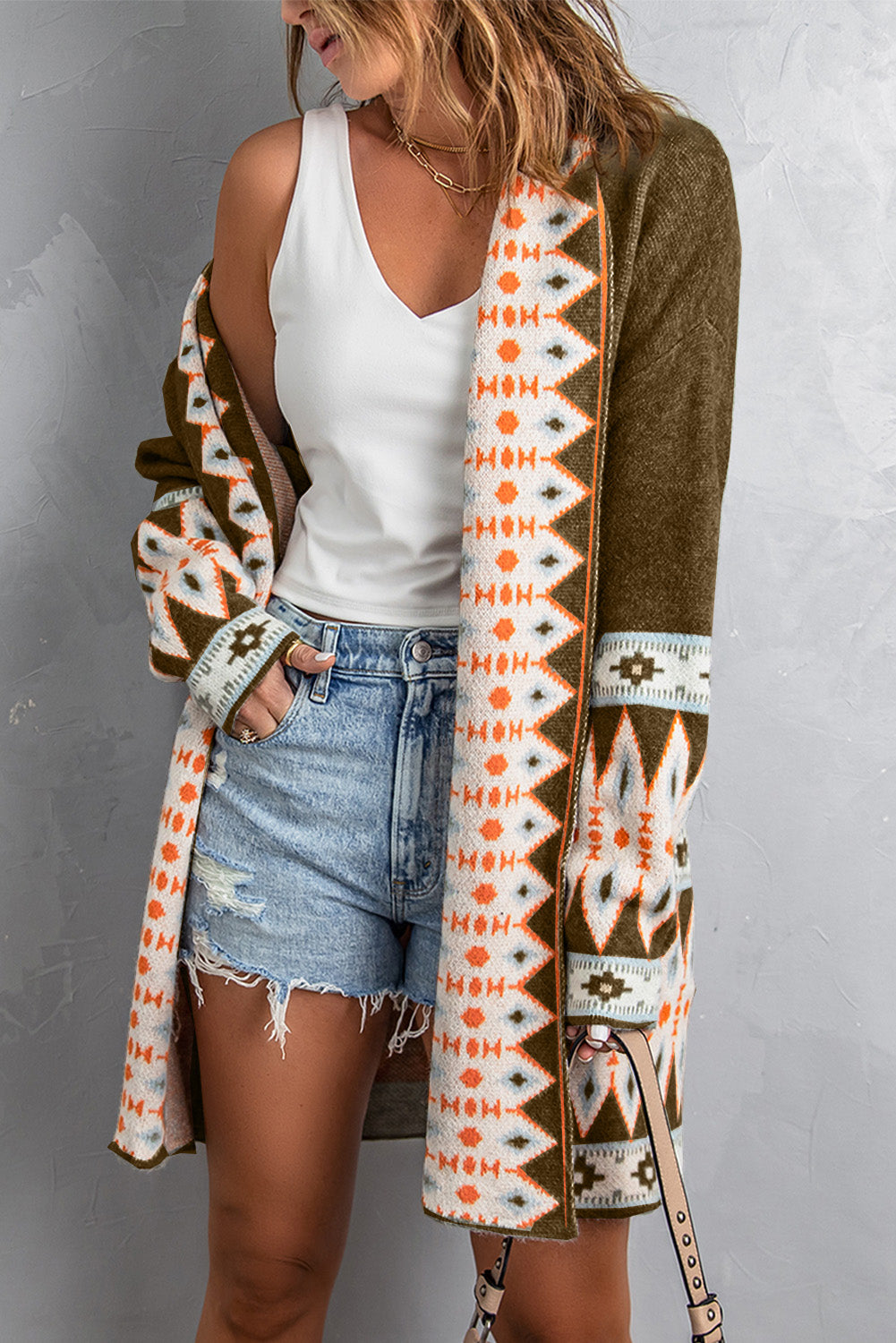 Aztec Border Open Front Cardigan