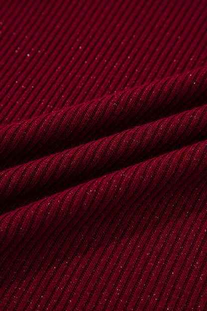 Solid Metallic Ribbed Knit Long Sleeve Top