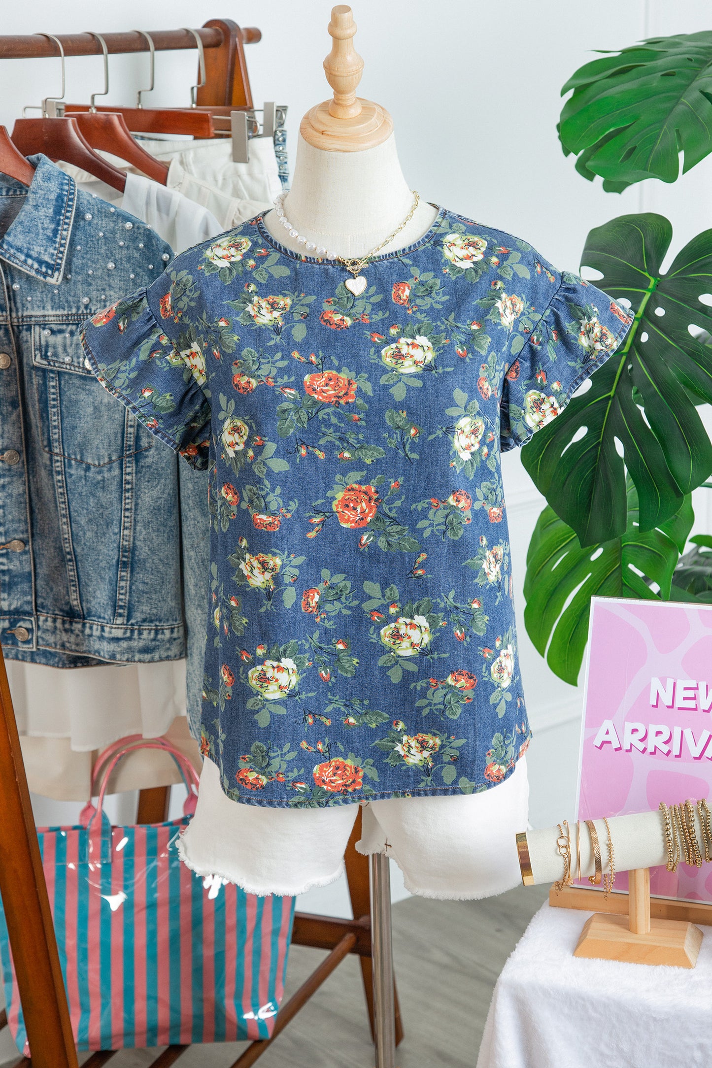 Floral Denim Ruffle Short Sleeve Top
