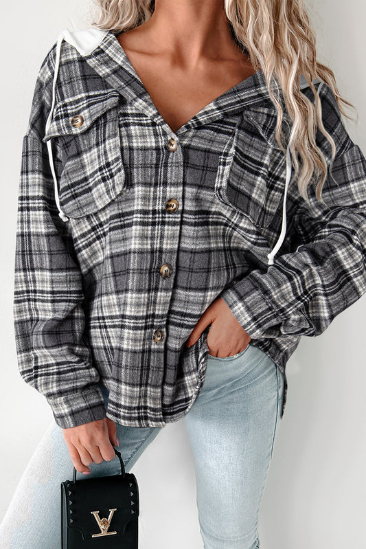 Plaid Contrast Hood Buttoned Shacket