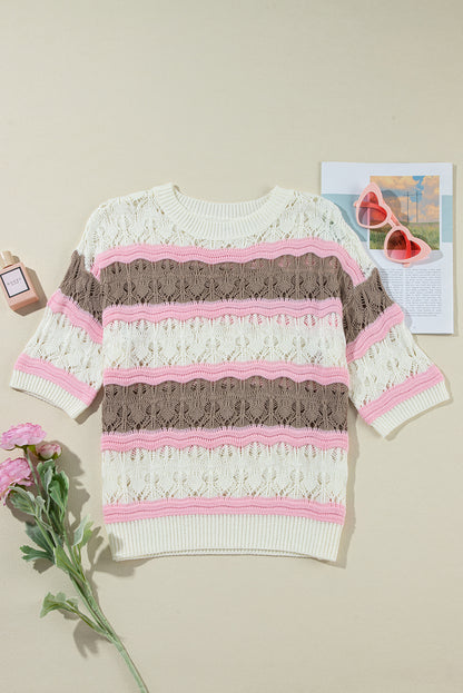 Stripe Crochet Short Sleeve Sweater