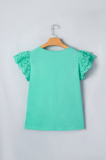 Solid Eyelet Lace Ruffle Cap Sleeve Top