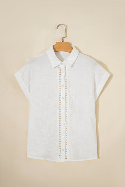 Solid Crinkle Textured Lace Trim Buttoned Shirt