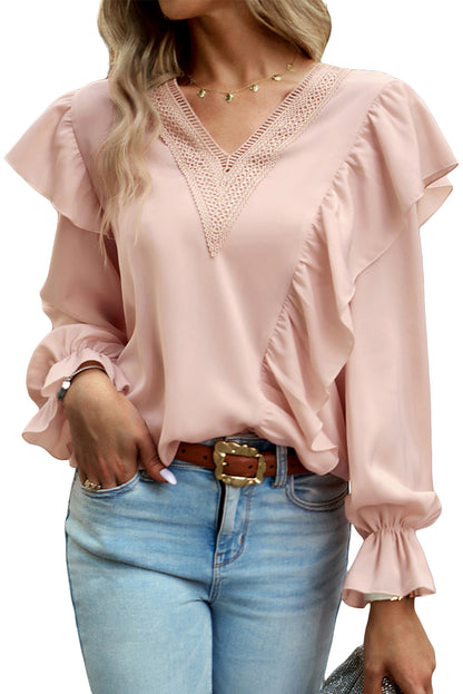 Ruffle Lace Trimmed V-Neck Blouse