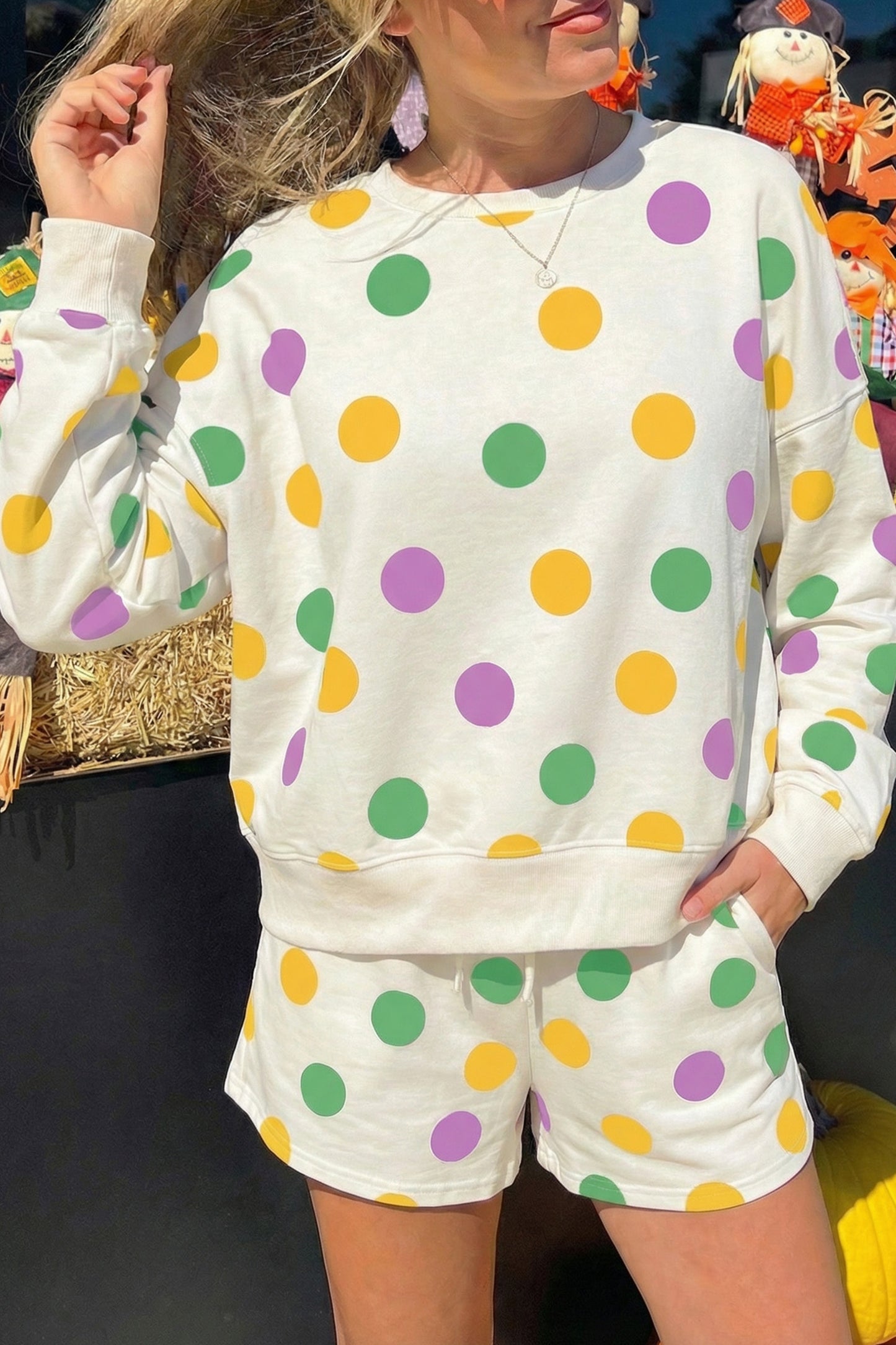 Polka Dot Pullover and Drawstring Shorts Set