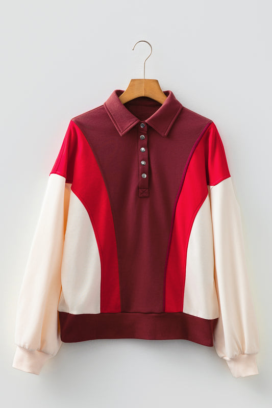 Colorblock Snap Button Polo Collar Oversize Sweatshirt