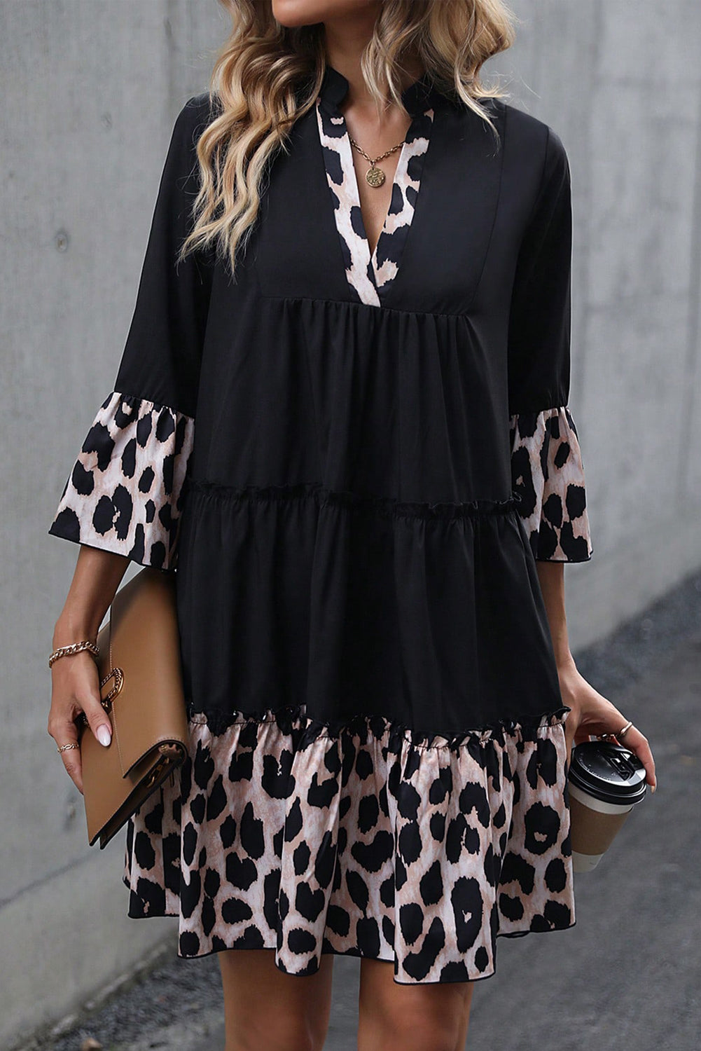 Leopard Trim V Neck Flared Dress