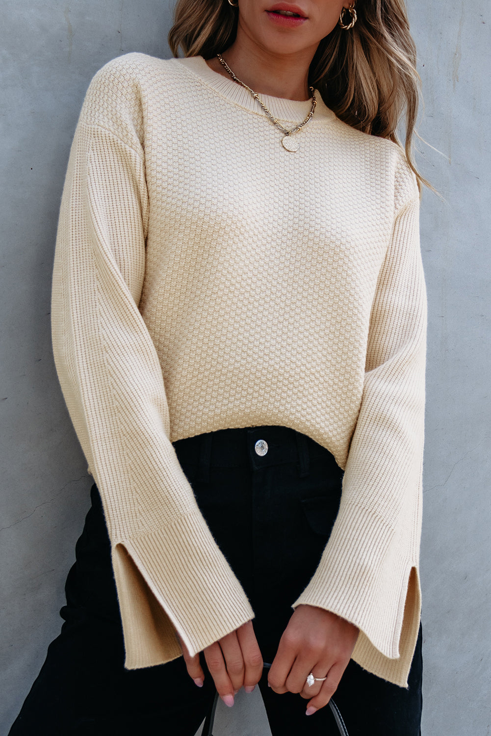 Solid Textured Knit Split Cuff Drop Shoulder Sweater