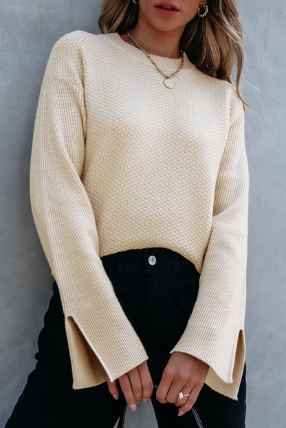 Solid Textured Knit Split Cuff Drop Shoulder Sweater