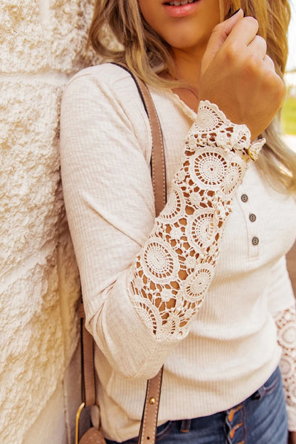 Crochet Lace Sleeve Henley Top