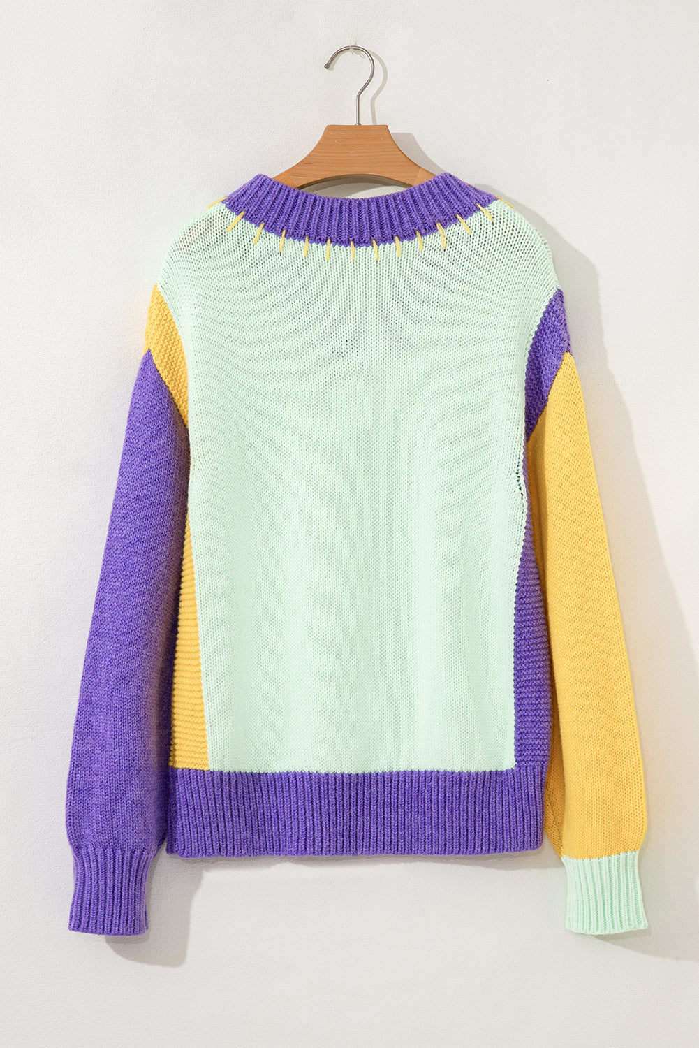 Colorblock Stitched V-Neck Drop Shoulder Sweater