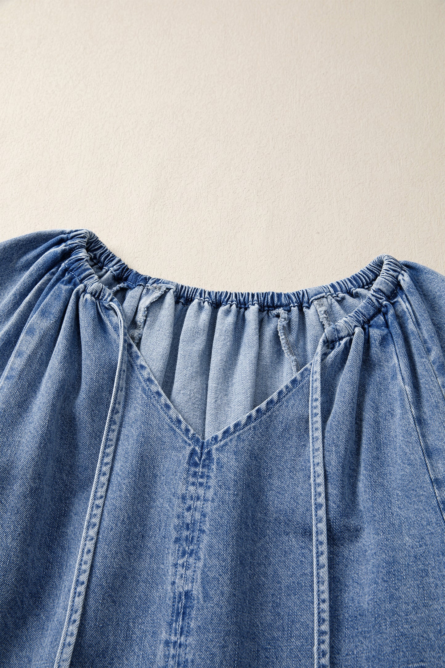 Denim Puff Sleeve Tie V-Neck Ruffle Dress