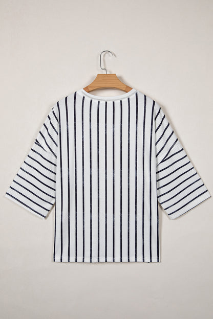 Stripe Colorblock 3/4 Sleeve Loose T-Shirt