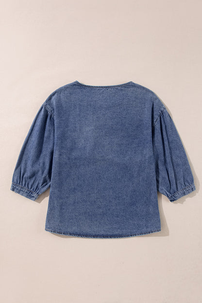 Denim 3/4 Sleeve Ruffle Pocket Blouse