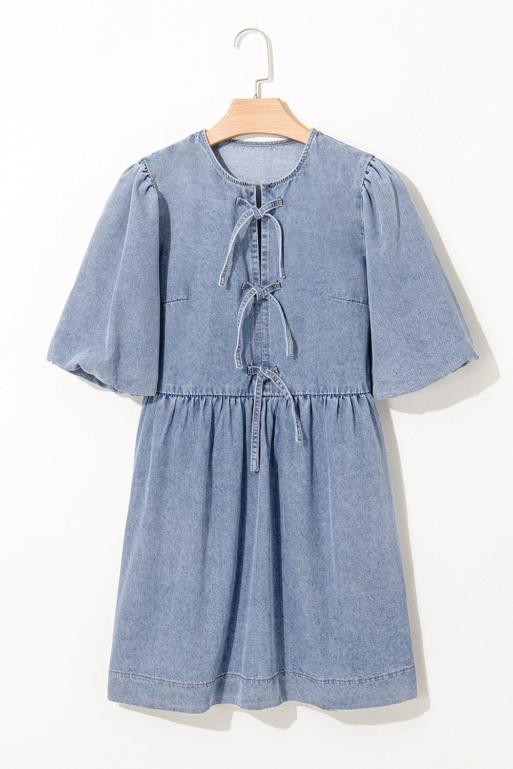 Denim Bow Bubble Sleeve Mini Dress