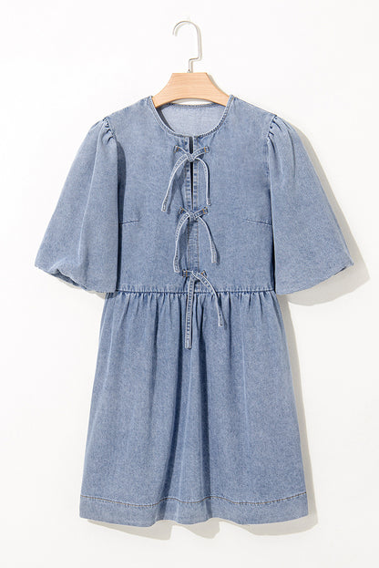 Denim Bow Bubble Sleeve Mini Dress