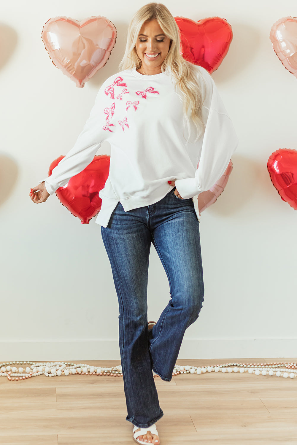 Valentine Bow Sequin Long Sleeve Oversize Sweatshirt