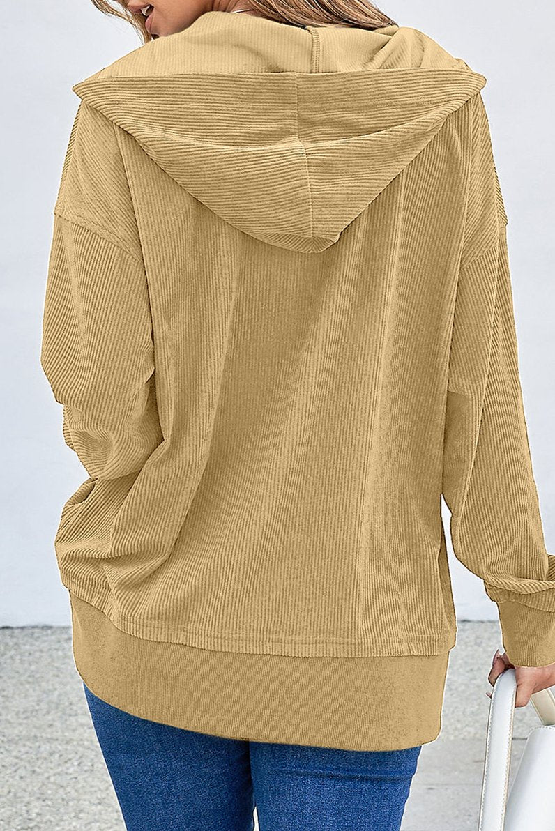 Solid Ribbed Knit Buttoned Hoodie