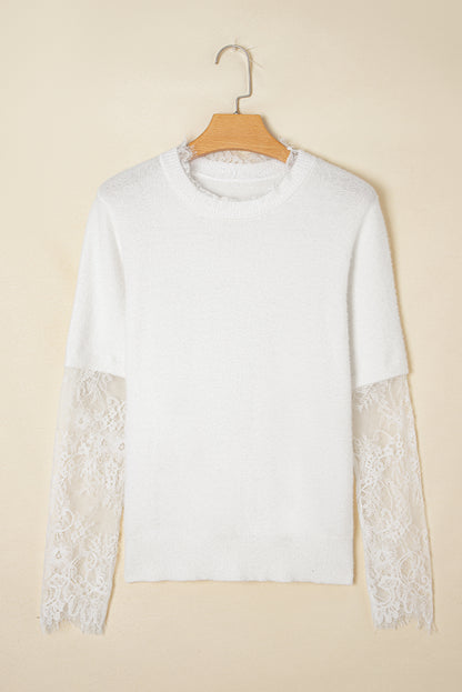 Lace Patchwork Sleeve Faux Two-Piece Fuzzy Sweater