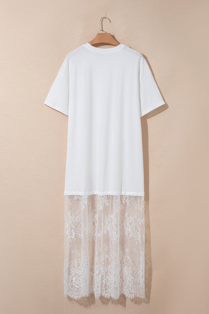 Solid Lace Patchwork Short Sleeve Maxi Dress