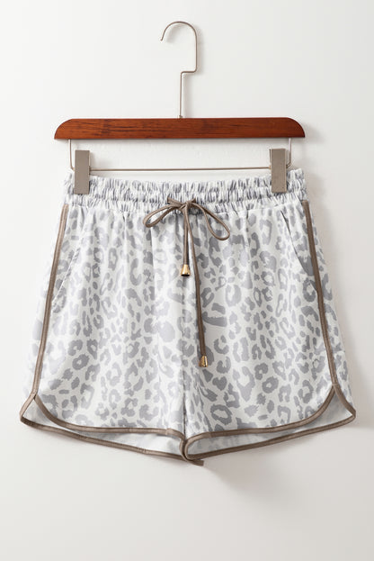 Leopard Contrast Trim Elastic Waist Drawstring Shorts
