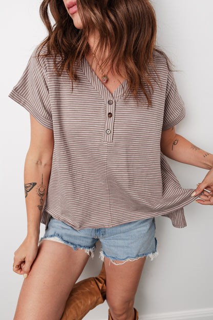Stripe Buttoned V-Neck Short Sleeve T-Shirt