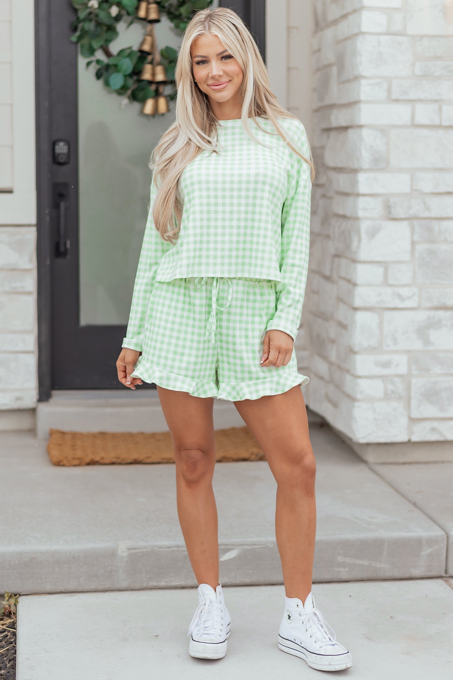 Gingham Long Sleeve Top and Shorts Set