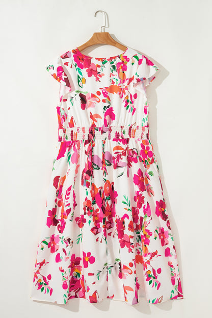 Plus Size Floral Ruffle Sleeve Buttoned Midi Dress