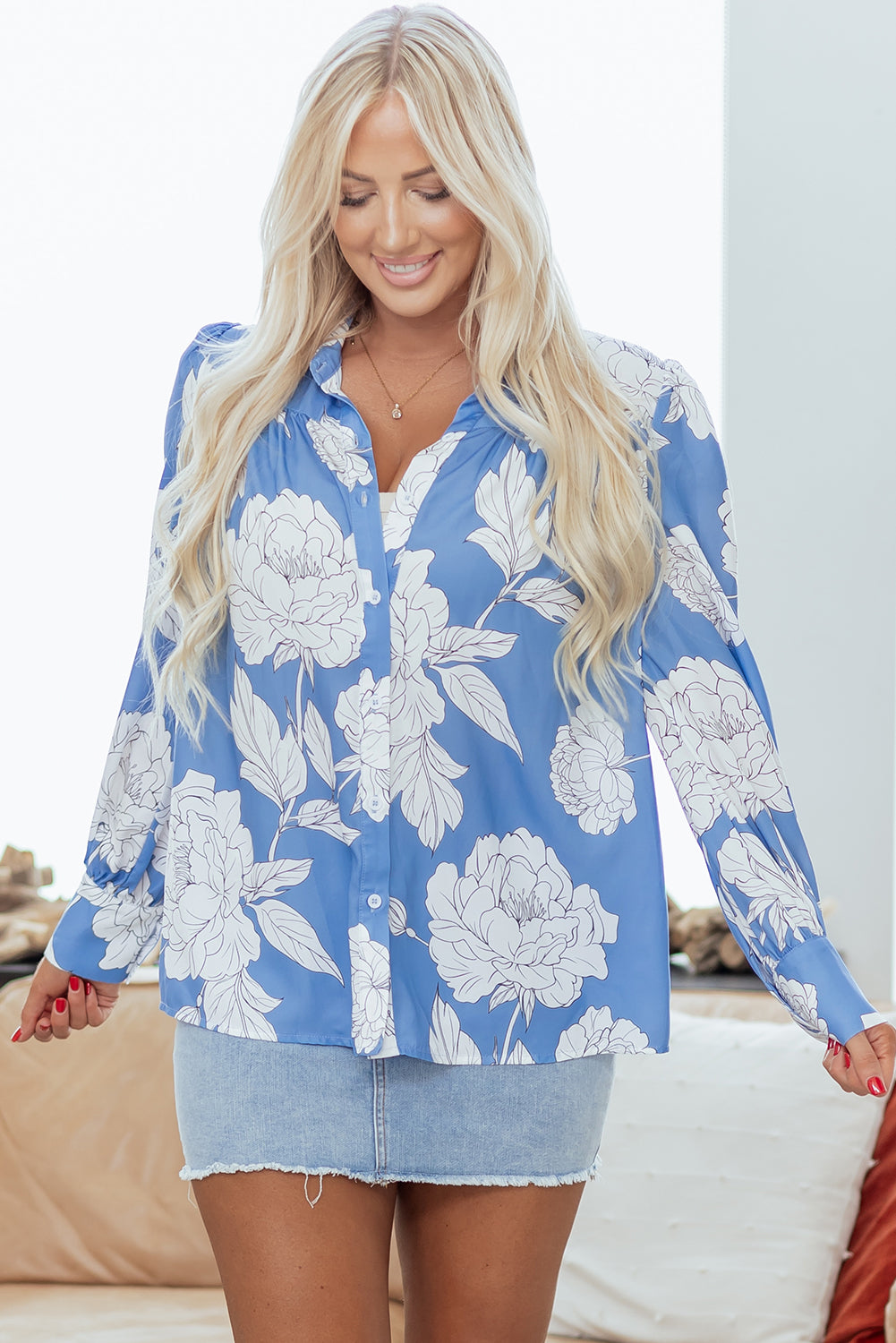 Floral Button-Up Pleated Puff Sleeve Shirt