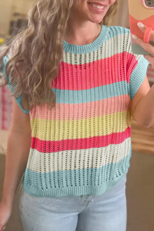Stripe Colorblock Hollow-Out Short Sleeve Sweater