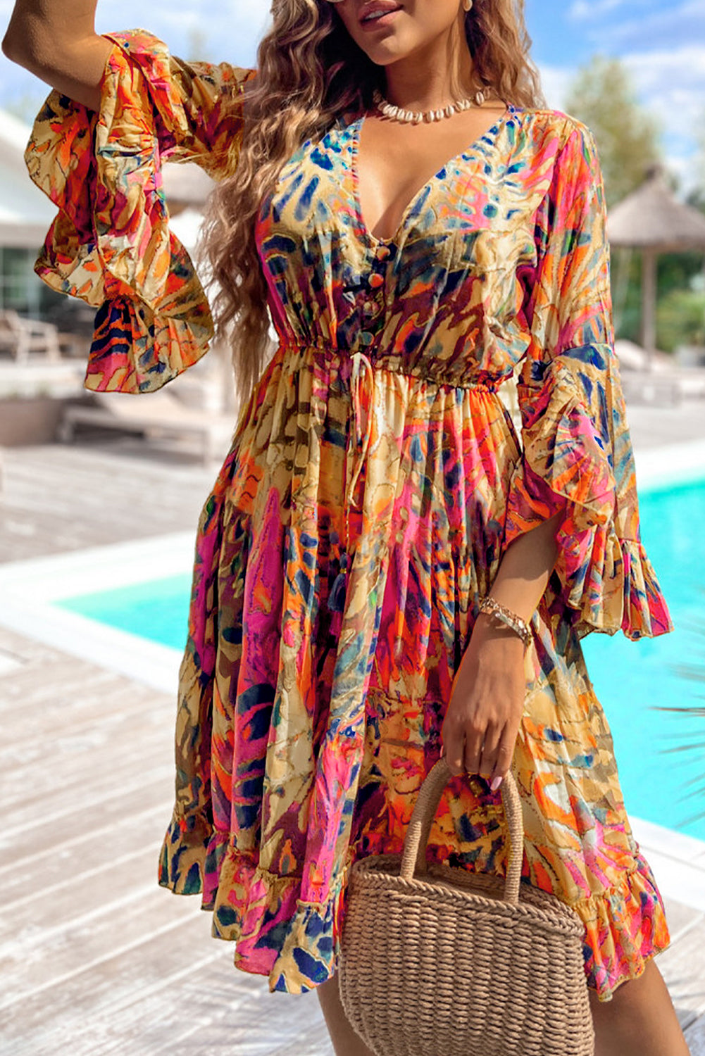 Tropical Ruffle Flare Sleeve Dress