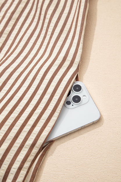 Stripe Leopard Trim 3/4 Sleeve Midi Shirt Dress