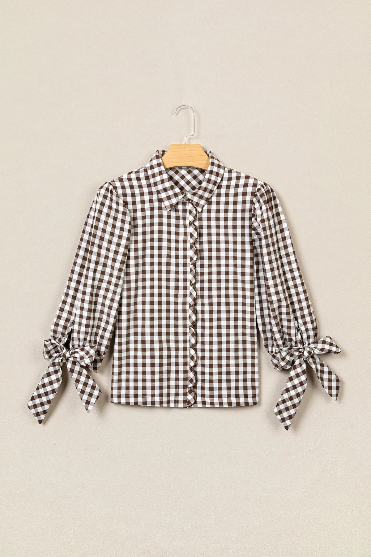 Gingham Bow Tie 3/4 Sleeve Button Down Shirt