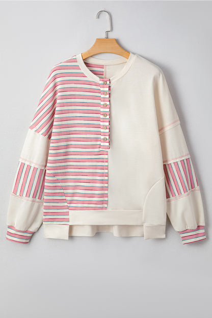 Khaki Stripe Stitched Detail Color Block Patchwork Oversized Pullover Top