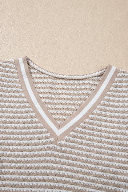 Stripe Textured Knit Long Sleeve V-Neck Top