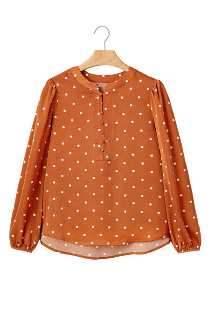 Polka Dot Half Button V-Neck Long Sleeve Blouse